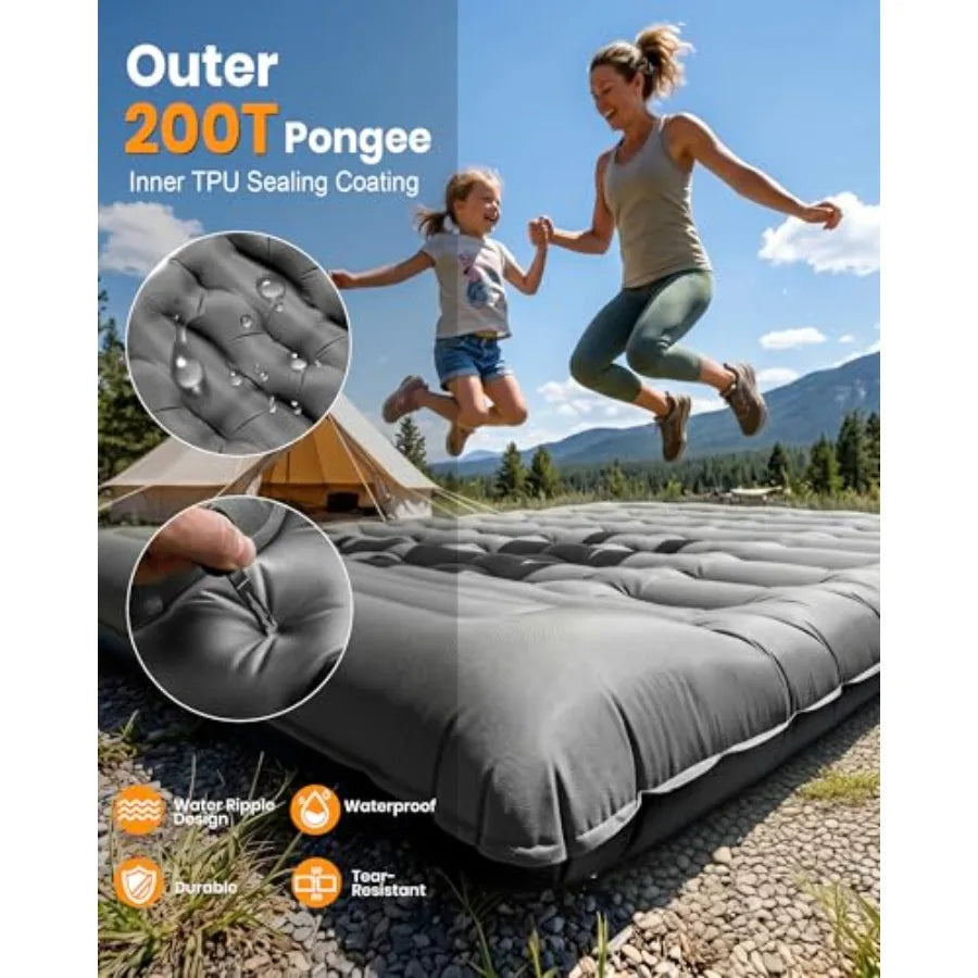 Camping double sleeping pad, self-inflating foam and polyester, gray, 5.9-inch thickness with built-in pillow and foot pump for