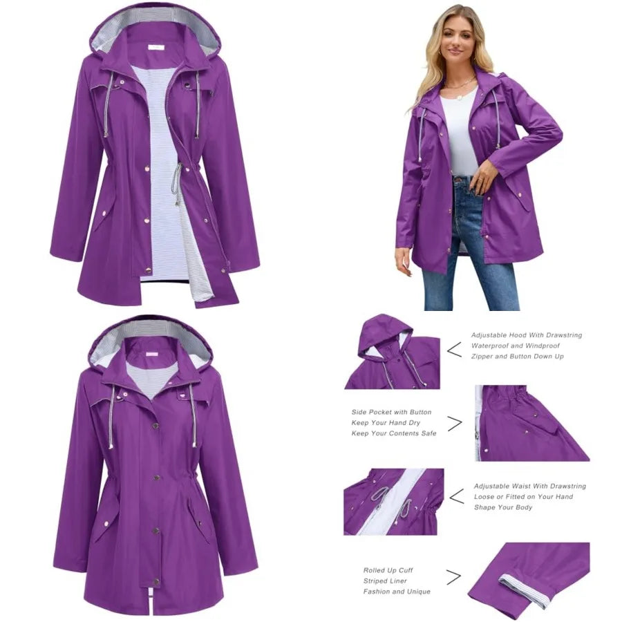 Women's Lightweight Waterproof Hooded Lined Raincoat For Outdoor Use