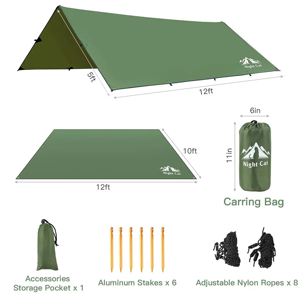 Night Cat Camping Tent Tarp Hammock Rain Fly Sunshade Shelter Tarp Waterproof Portable Lightweight for Outdoor Backpacking Hiking 12x10 ft