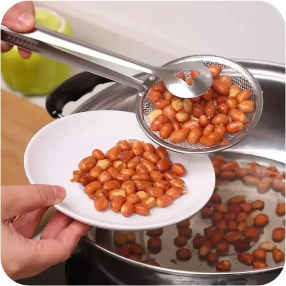 Stainless Steel Multifunctional Mesh Strainer Spoon Clip Oil Filter Colander Heat Resistant Kitchen Utensil Fried Food Salad BBQ Serving Long Handle Non Slip Durable Easy Clean Professional Kitchenware