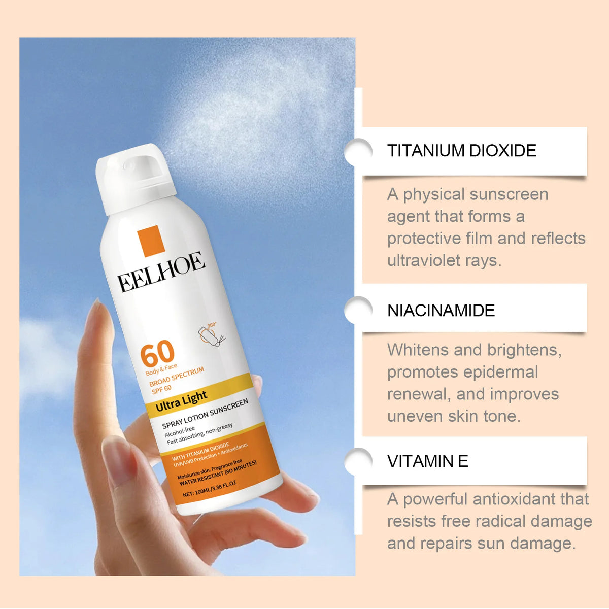 EELHOE Vitamin E Sunscreen Spray for Face and Body Protection