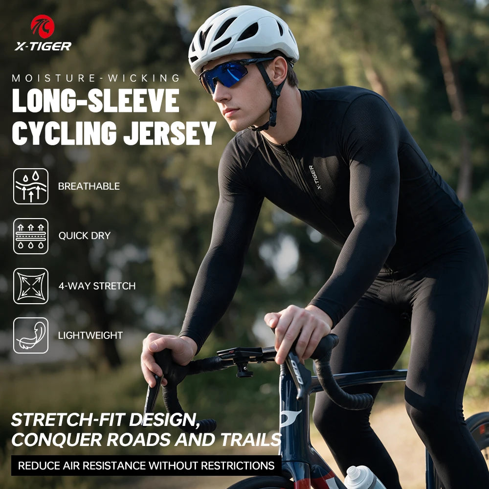 X-TIGER Cycling Jersey Long Sleeve for Men Spring Autumn Cycling TopFull Zipper 3 Rear Pockets Hidden Pocket Breathable MTB Road Bicycle Clothing