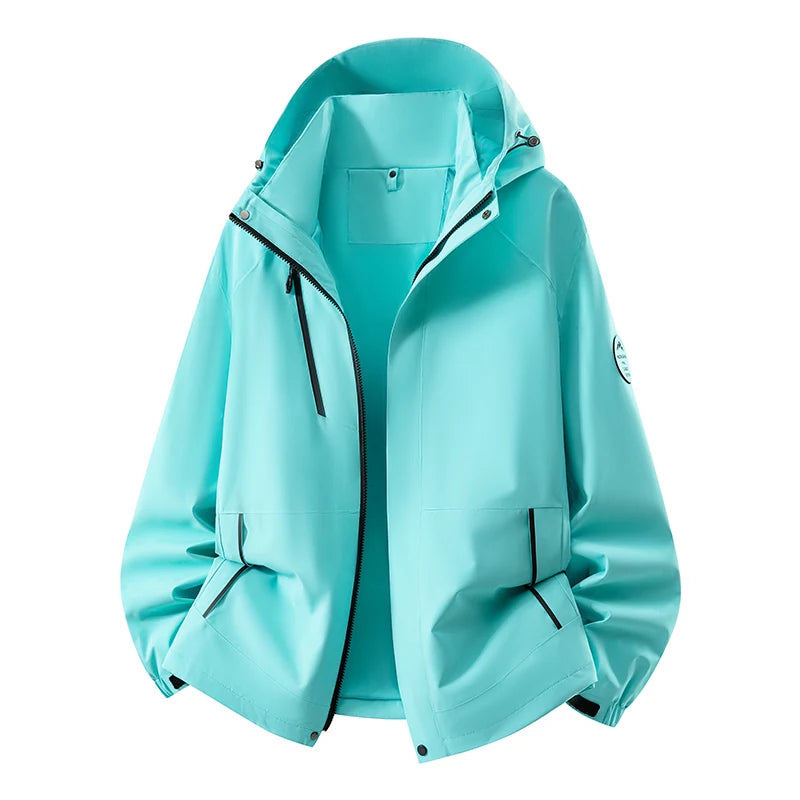 Unisex Waterproof Windproof Hiking Hooded Jacket Breathable Diagonal Zipper Outdoor Hiking Mountain Coat Casual Windbreaker