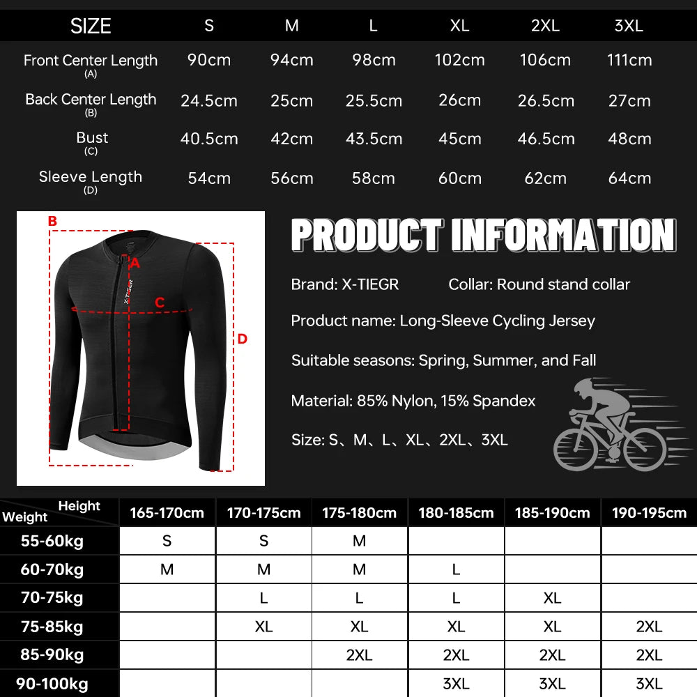 X-TIGER Cycling Jersey Long Sleeve for Men Spring Autumn Cycling TopFull Zipper 3 Rear Pockets Hidden Pocket Breathable MTB Road Bicycle Clothing