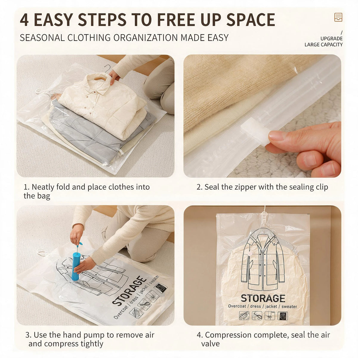 Hanging Vacuum Storage Bags for Clothes, Space Saver Garment Bags for Coats, Jackets, Dresses & Sweaters, Reusable Vacuum Seal Bags for Closet Organization, Winter Clothes, Seasonal Storage, Clear, Large Capacity, Dustproof &