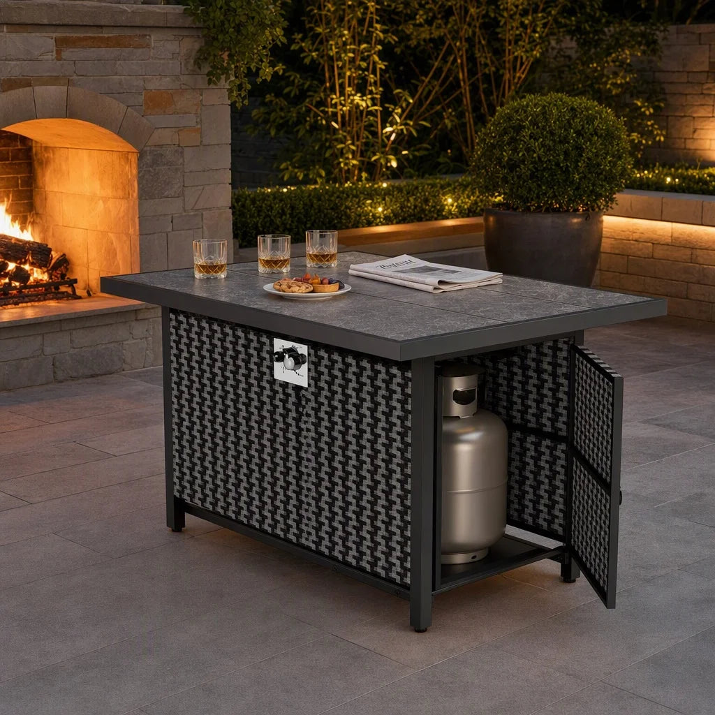 43" Outdoor Propane Fire Pit Table, 50,000 BTU Gas Fire Pit with Premium Ceramic Tabletop, Glass Wind Guard, Lid & Glass Rocks, CSA‑Certified Fire Table for Patio Backyard Party