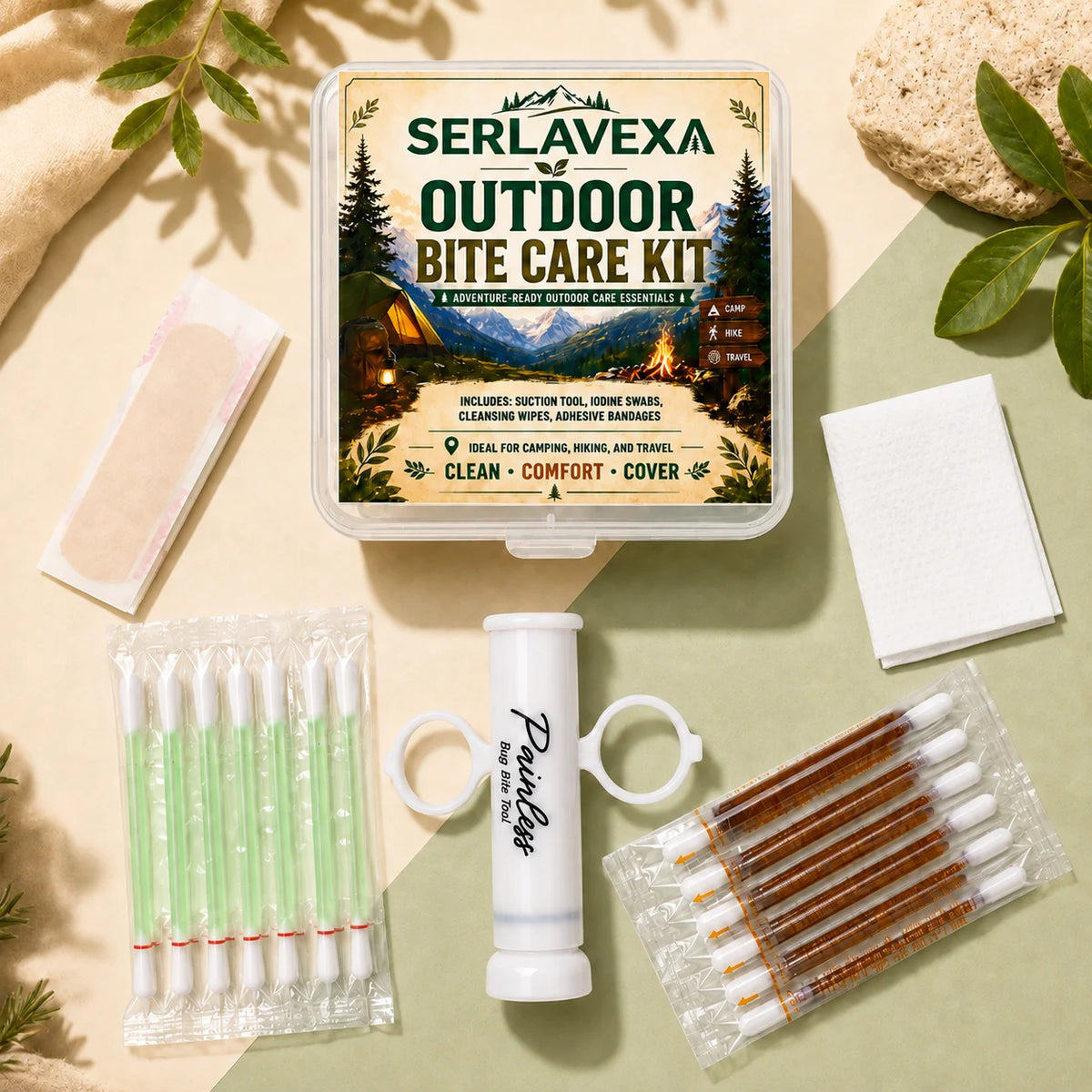 Camping Hiking Outdoor Care Kit with Manual Suction Tool Cleansing Swabs, Wipes and Bandages for Travel and Daily Carry