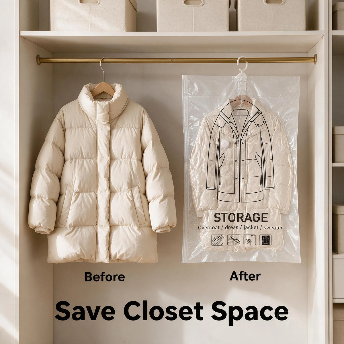 Hanging Vacuum Storage Bags for Clothes, Space Saver Garment Bags for Coats, Jackets, Dresses & Sweaters, Reusable Vacuum Seal Bags for Closet Organization, Winter Clothes, Seasonal Storage, Clear, Large Capacity, Dustproof &