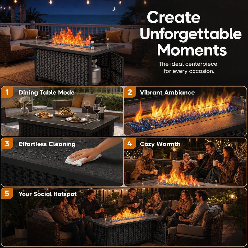 43" Outdoor Propane Fire Pit Table, 50,000 BTU Gas Fire Pit with Premium Ceramic Tabletop, Glass Wind Guard, Lid & Glass Rocks, CSA‑Certified Fire Table for Patio Backyard Party