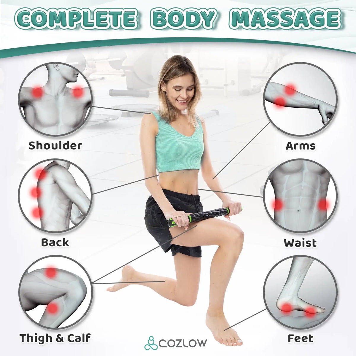 Cozlow Muscle Roller Stick, Handheld Body Massage Tool with 9 Rollers & Anti-Slip Handles back massager massage stick portable massager