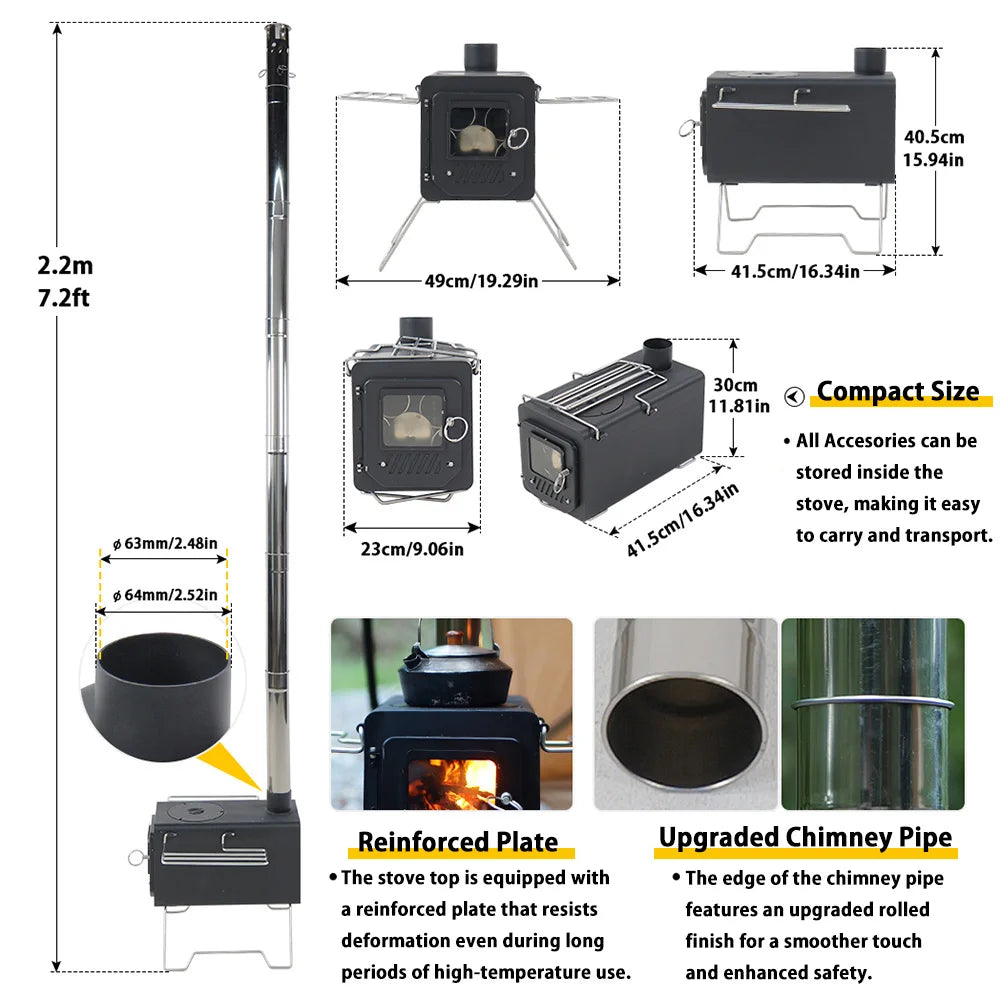 Soomloom Black Firewood Stove PROTO, Firewood & Pellets Dual-purpose Stove with Side Shelf, Outdoor Camping Heating BBQ Campfire