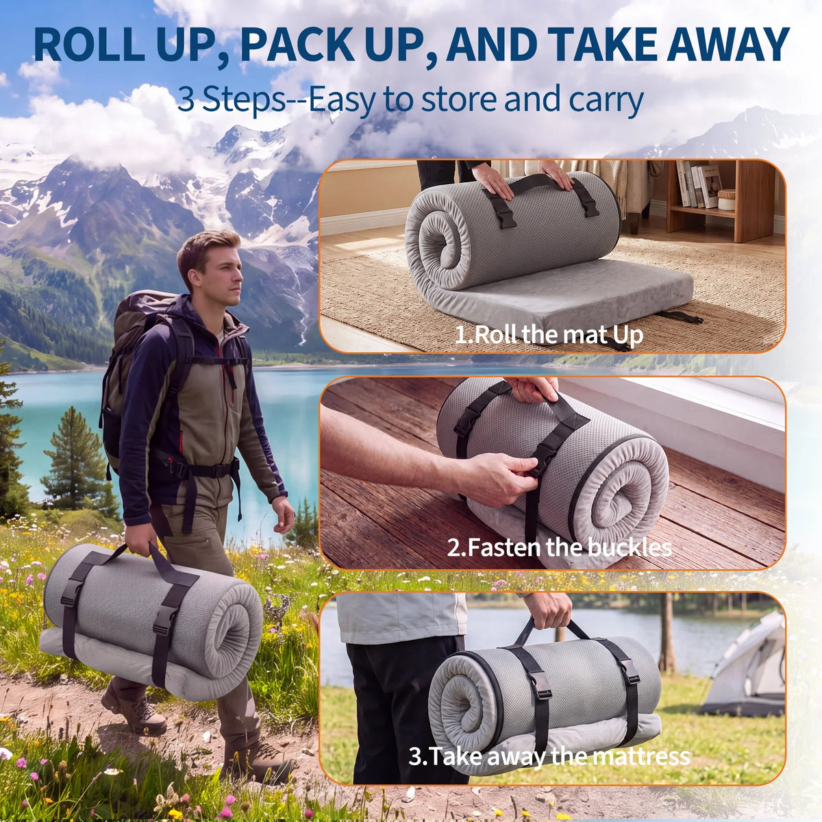 3Inch Thick Memory Foam Camping Mattress Portable Roll-Up Sleeping Pad for Outdoor & Home Use 72x24/75x54inch Gray