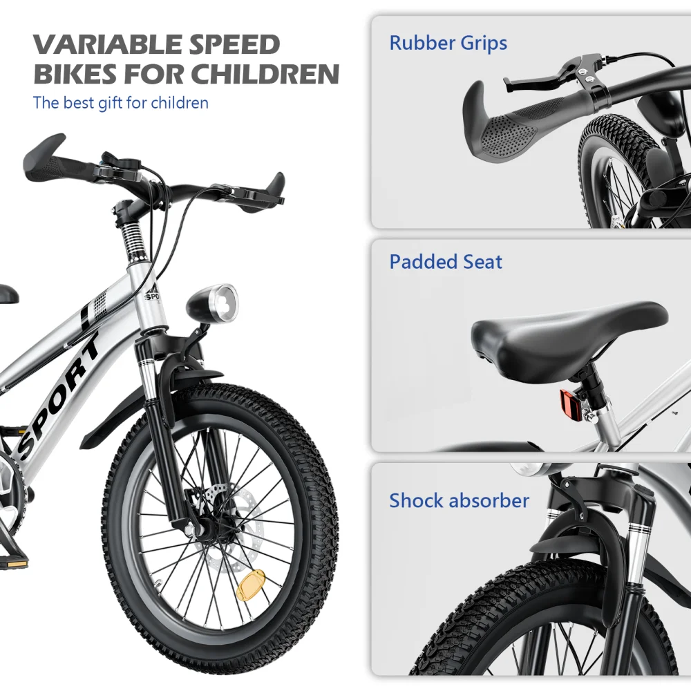 20 Inch Kids Mountain Bike for Boys & Girls Ages 7-12, 7-Speed Youth Bicycle with Front & Rear Disc Brakes, Shock-Absorbing Front Fork, LED Light, Silver & Pink, Outdoor MTB for School, Park, Trails and Daily Riding