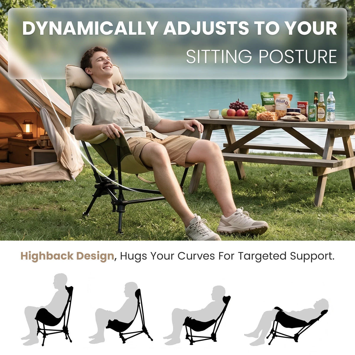 Patented Portable Folding Camping Rocking Chair, 2-Height Adjustable High Back Outdoor Rocker with Padded Headrest & Removable Storage Bag for Camping, Fishing, Beach