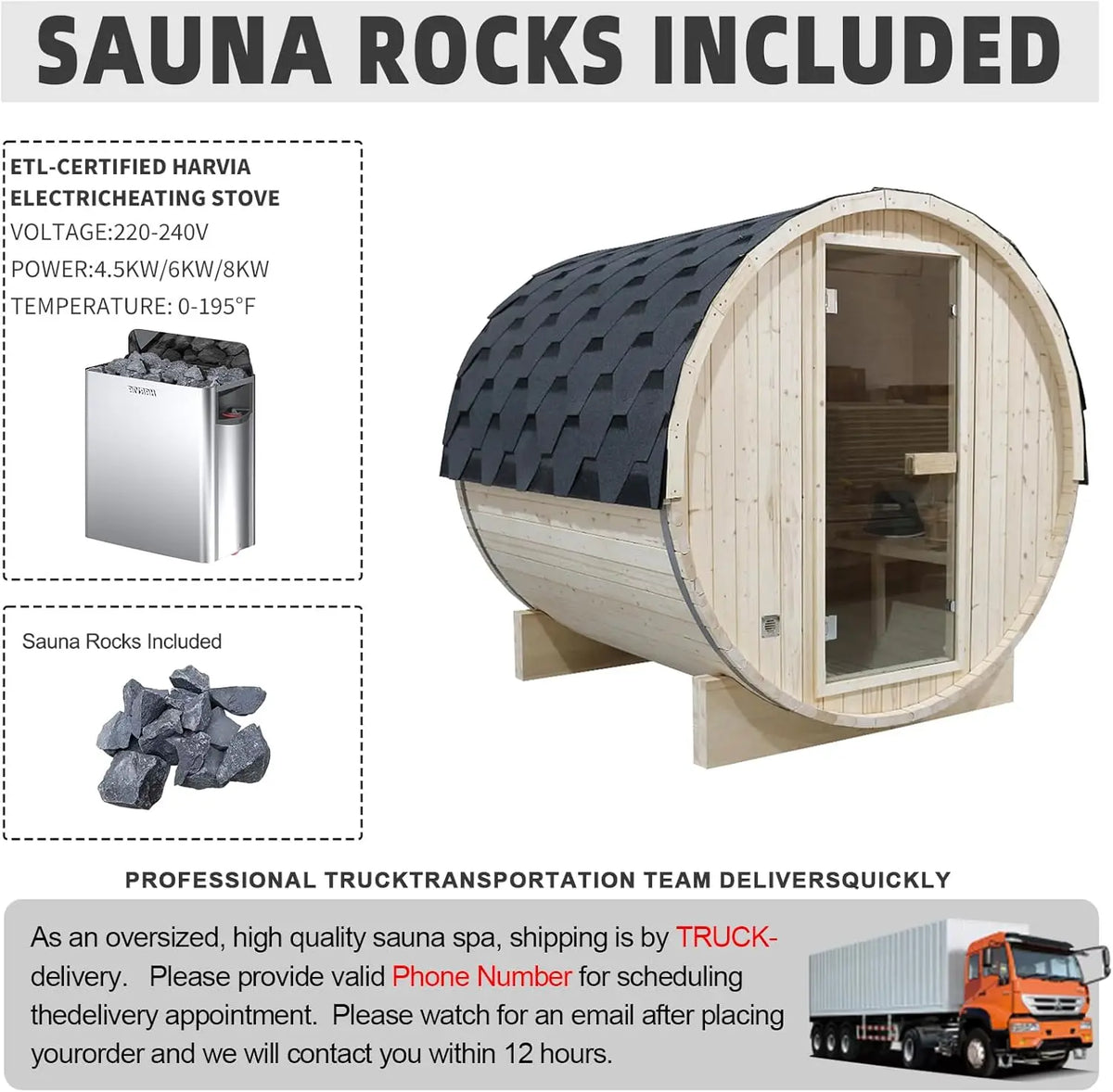 Outdoor Barrel Steam Sauna, 1-2 Person Spruce Wood Sauna Room, 4.5KW Harvia Electric Heater, Asphalt Shingle Roof