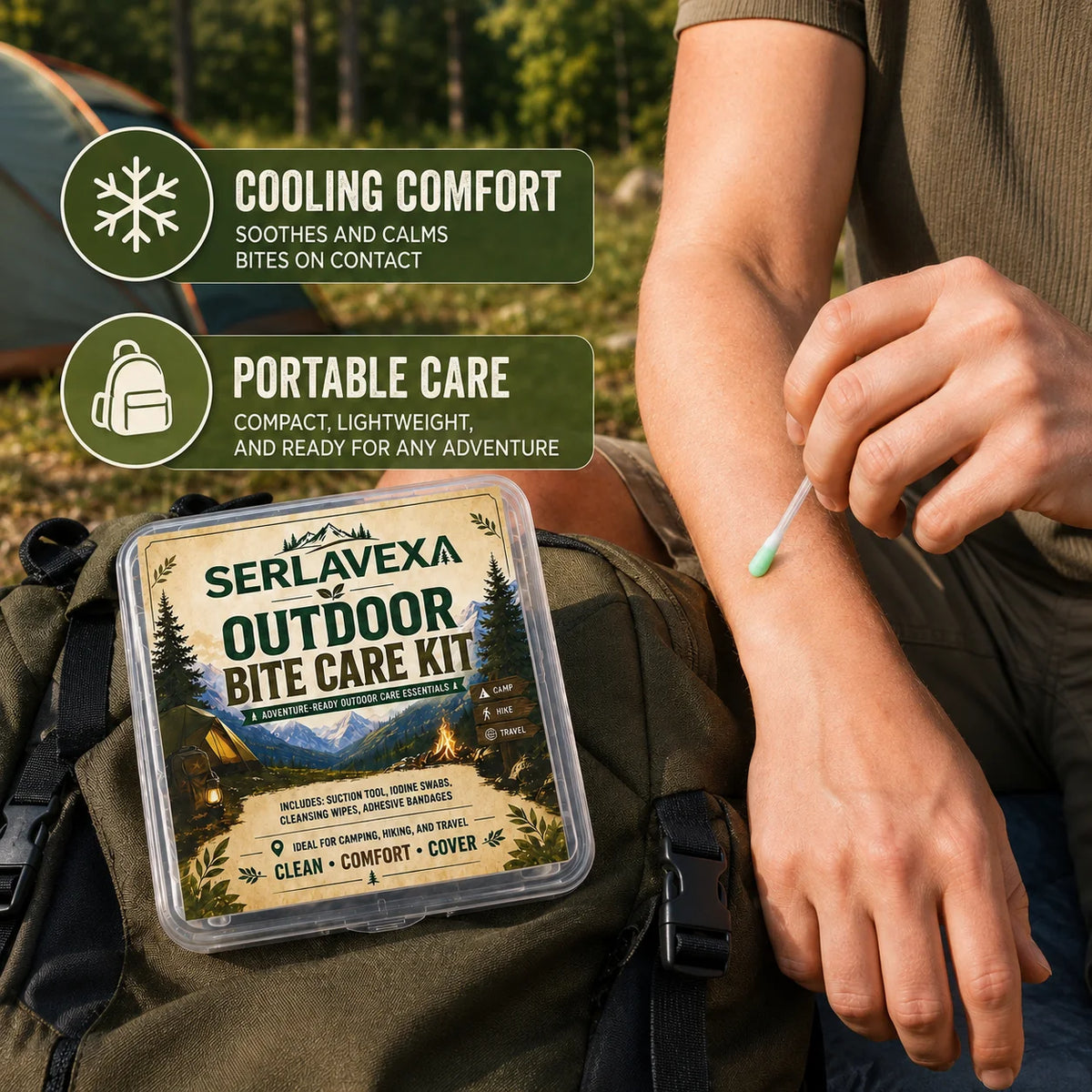 Camping Hiking Outdoor Care Kit with Manual Suction Tool Cleansing Swabs, Wipes and Bandages for Travel and Daily Carry