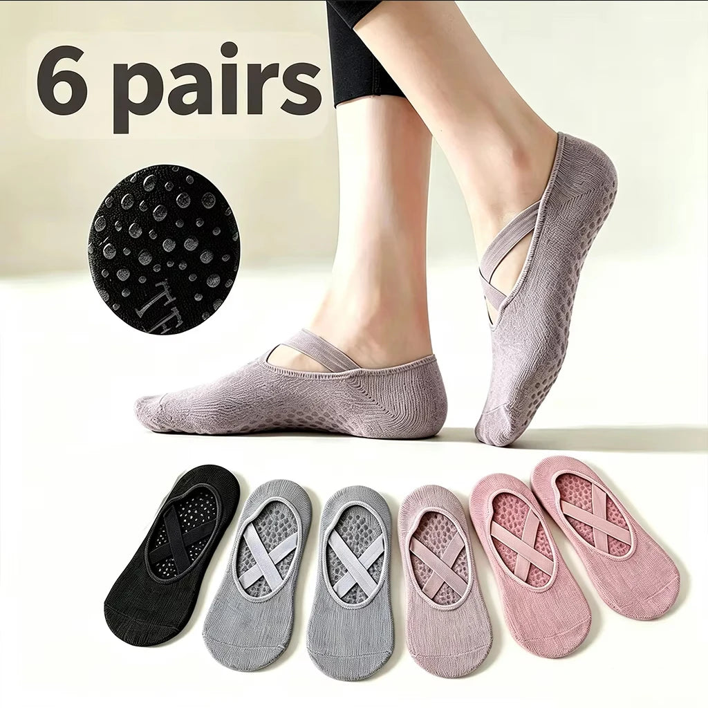 6 Pairs Women Yoga Socks Non Slip Grip Pilates Socks Cross Strap Low Cut Socks For Ballet Barre Dance Workout Fitness