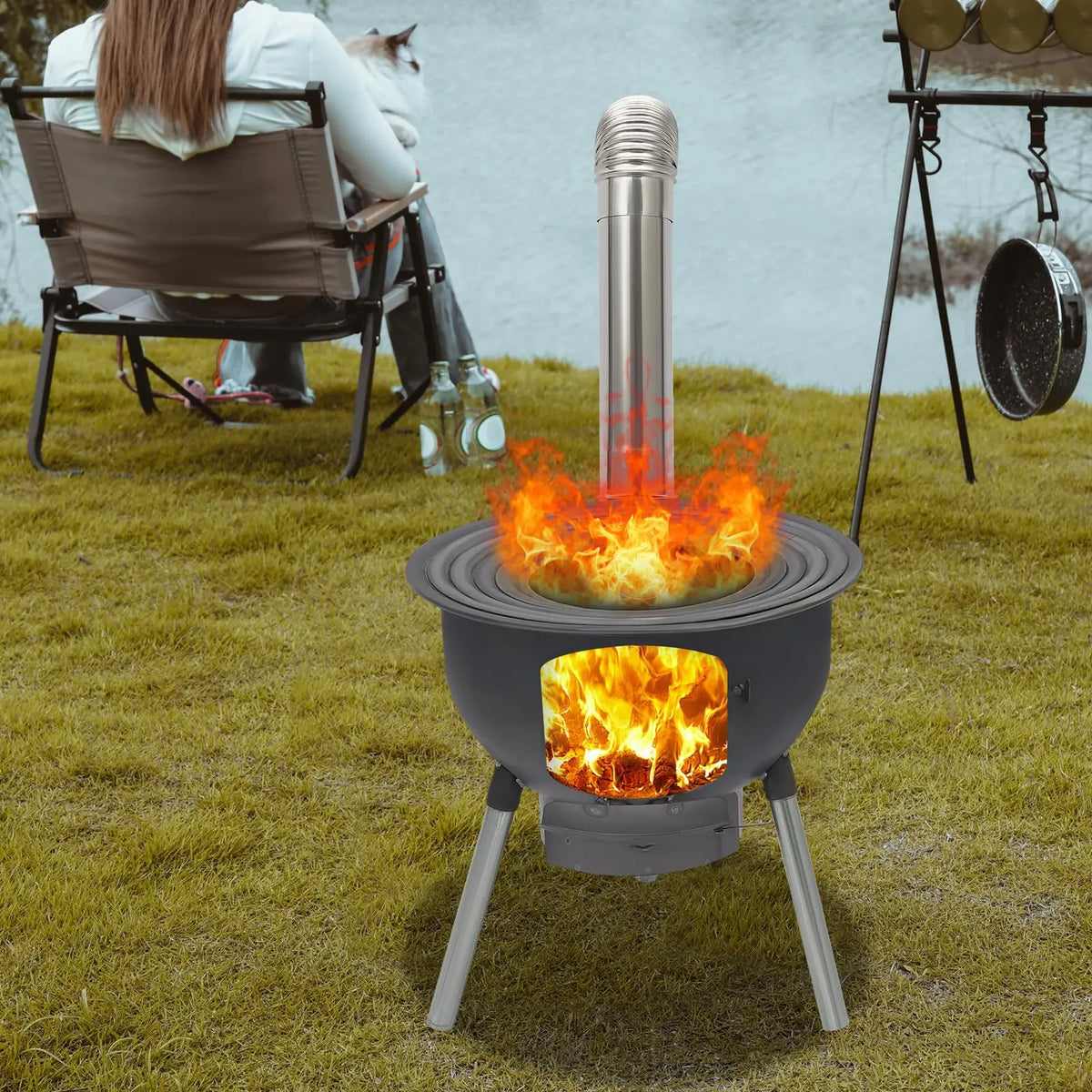 Wood Burning Stove, Camping Wood Stove, Portable Steel Stove with Grill Rack and Detachable Legs, Rocket Stove for
