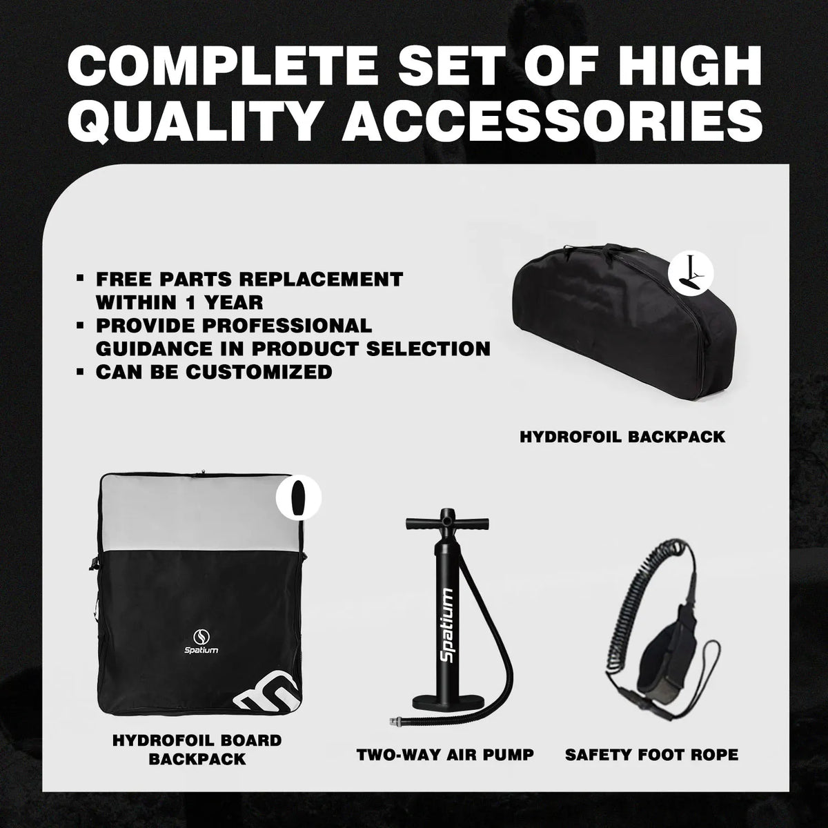 Spatium Hydrofoil Board for Surfing with Hydrofoil Accessories Inflator Pump, Backpack, Safe Leash, Fix Kit Hydrofoil Gray