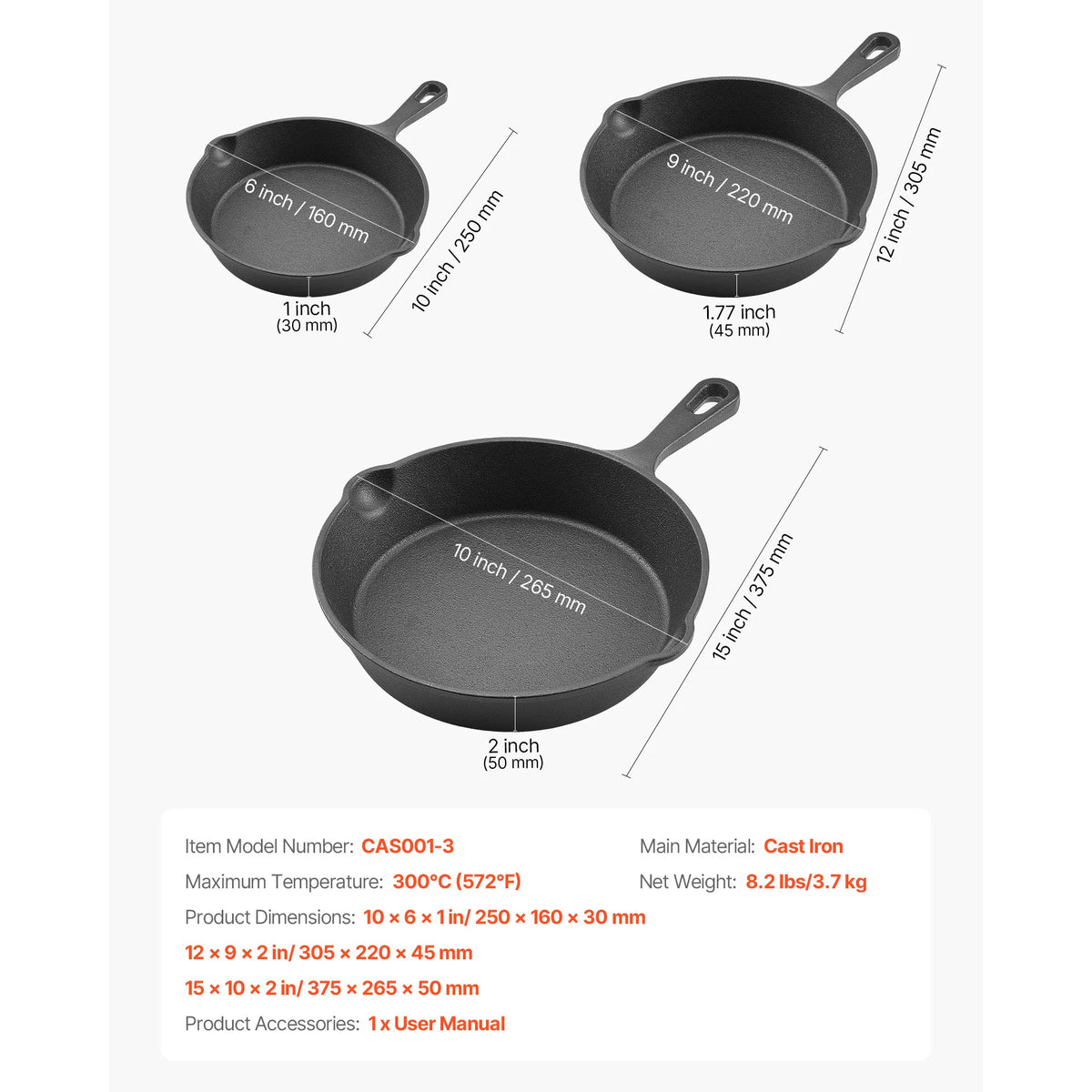 SucceBuy Cast Iron Skillet 3-Piece Frying Pan Set Heavy-Duty Skillets with Heat-Resistant Handle for Oven Gas Electrical Black