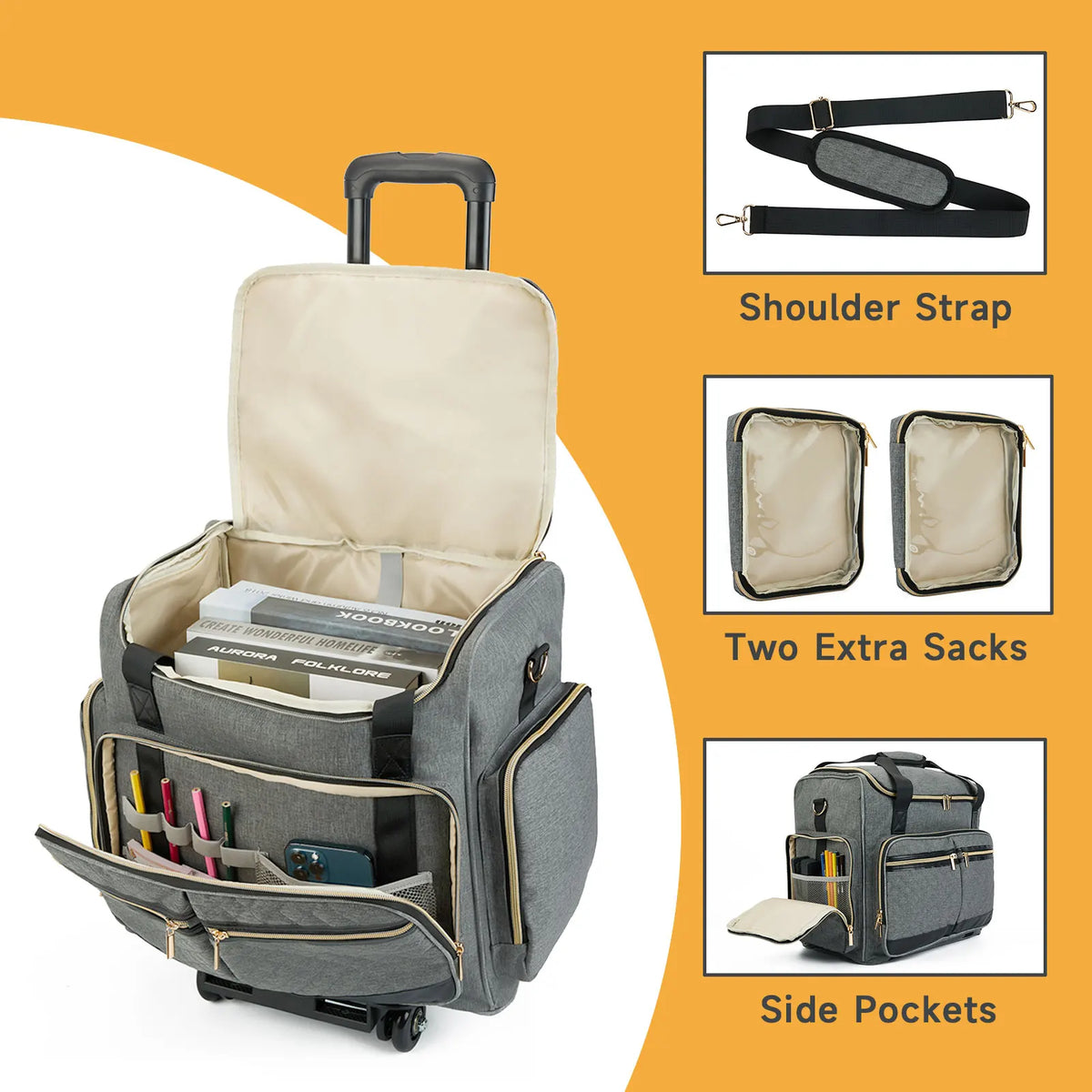 Rolling Teacher Bag With 4 Wheels, Art Tote Bag For Women With Detachable Dolly, Heavy Duty Briefcase With Padded Sleeves For 15.6" Laptop