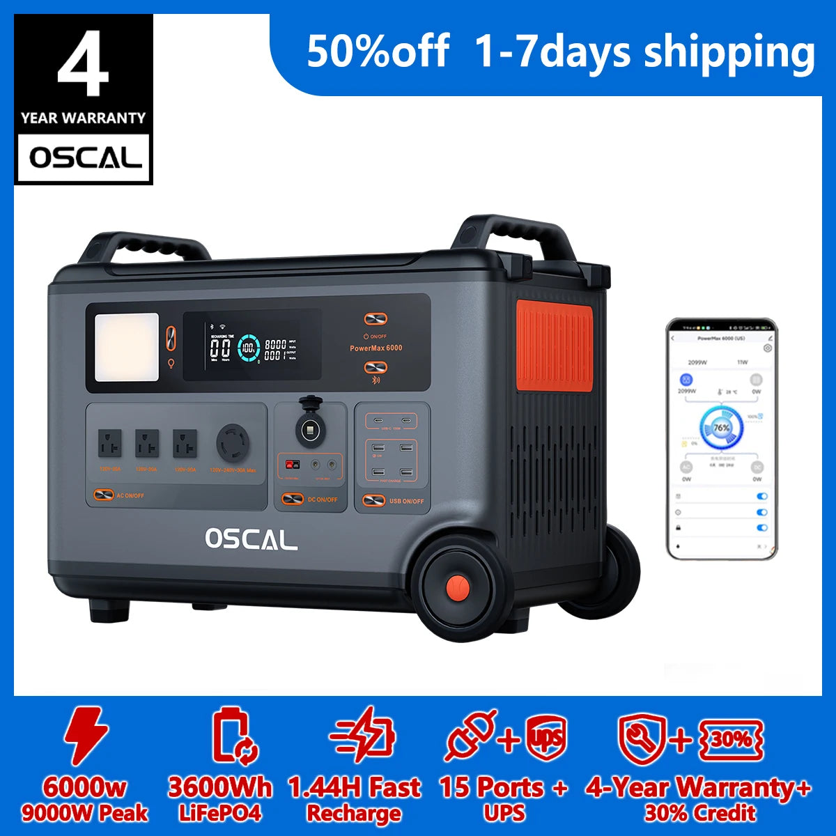 OSCAL PowerMax 6000 Whole Home Solar Generator,3600Wh LiFePO4 | 6000W (9000W Surge) | 1.96 H Charge | 240V/120V DC/AC Bi-Directional Inverter | for Home Emergency, Outdoor Camping,Hurricane Backup