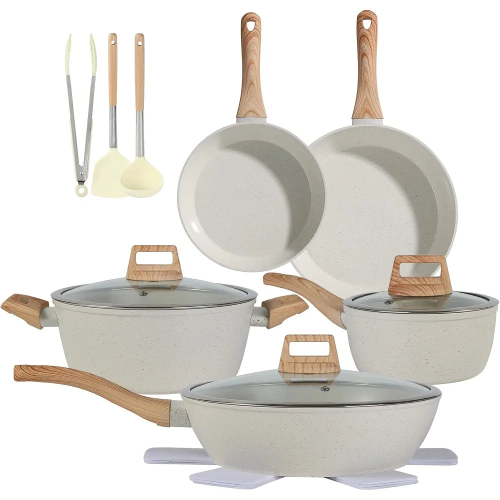 Ceramic Coating Nonstick Cookware Set 15 Pieces Pots and Pans Kitchenware Utensils white