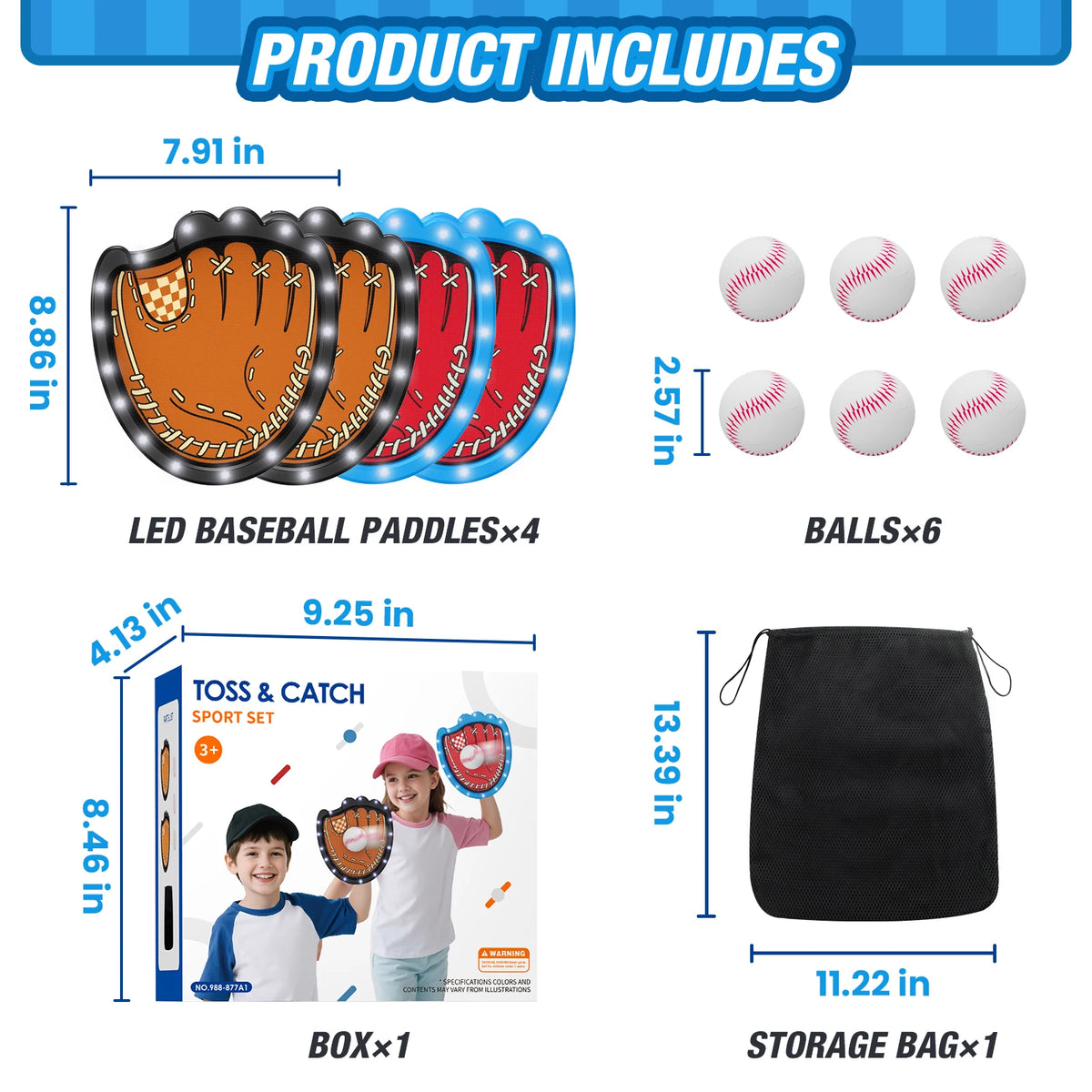 Light Up Toss and Catch Ball Set for Kids 3~12, Child Baseball Toys Glow in the Dark T Ball Set, Outdoor Beach Camping Games for Family, Birthday Gifts for Boys Girls, 4 Pads & 6 Balls