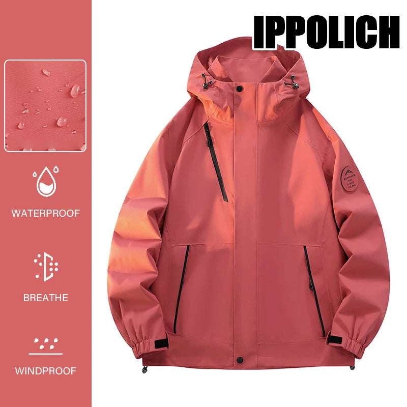Unisex Waterproof Windproof Hiking Hooded Jacket Breathable Diagonal Zipper Outdoor Hiking Mountain Coat Casual Windbreaker