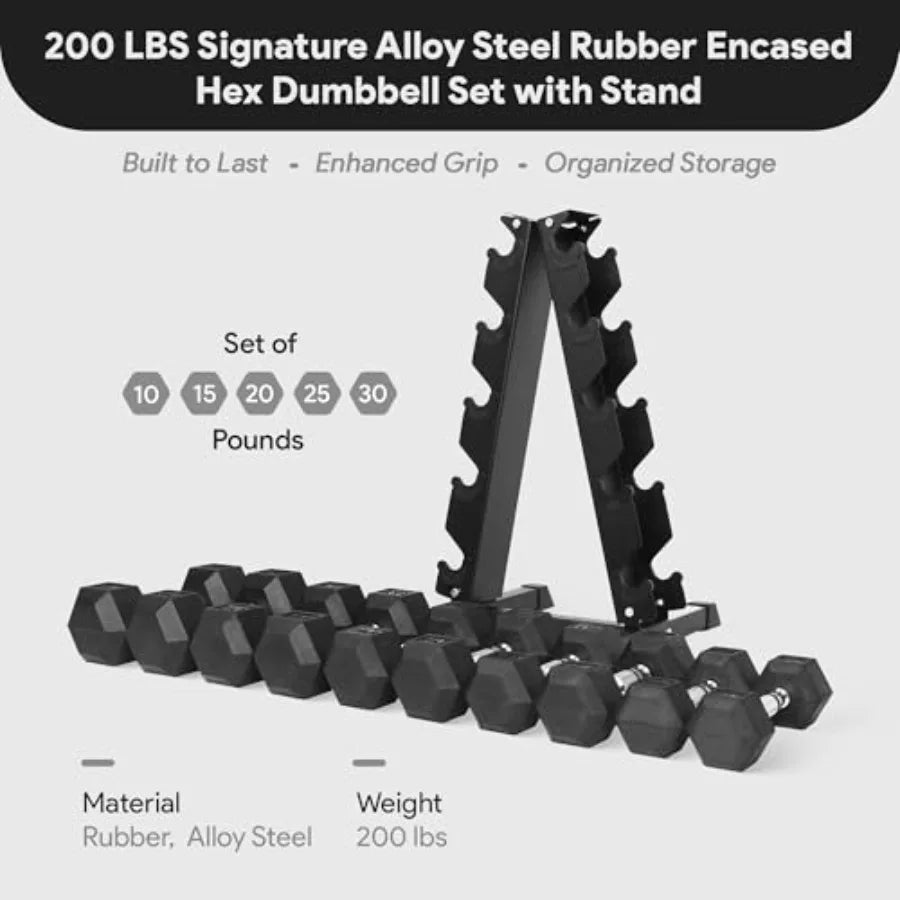 Rubber Coated Hex Dumbbells And A Frame Rack For Training