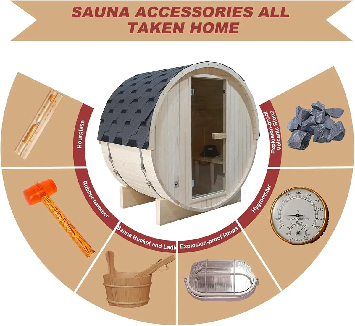 Outdoor Barrel Steam Sauna, 1-2 Person Spruce Wood Sauna Room, 4.5KW Harvia Electric Heater, Asphalt Shingle Roof