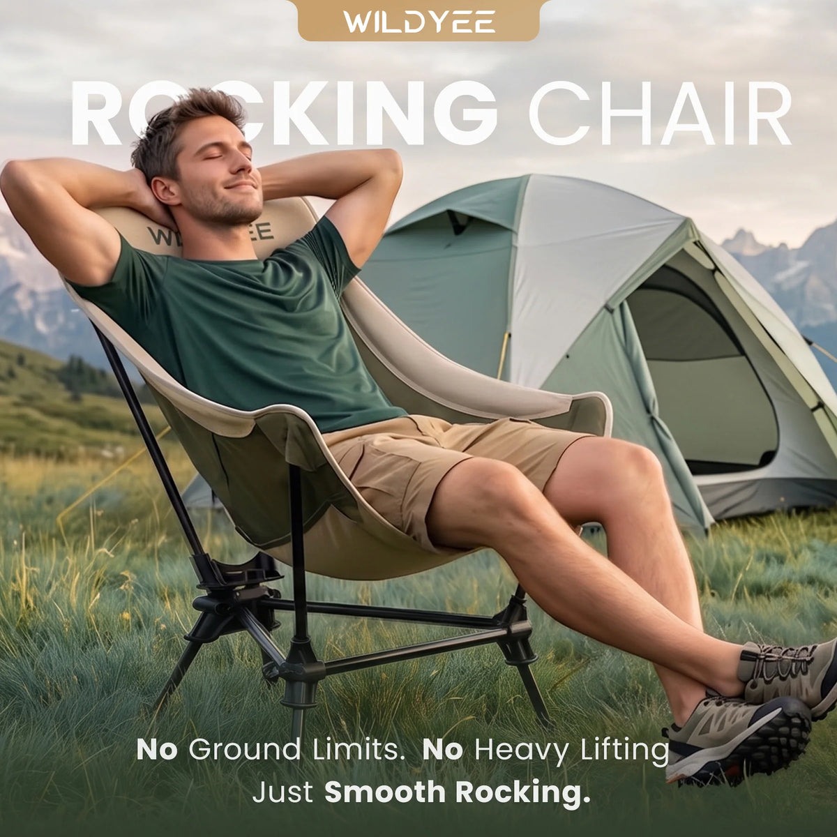 Patented Portable Folding Camping Rocking Chair, 2-Height Adjustable High Back Outdoor Rocker with Padded Headrest & Removable Storage Bag for Camping, Fishing, Beach