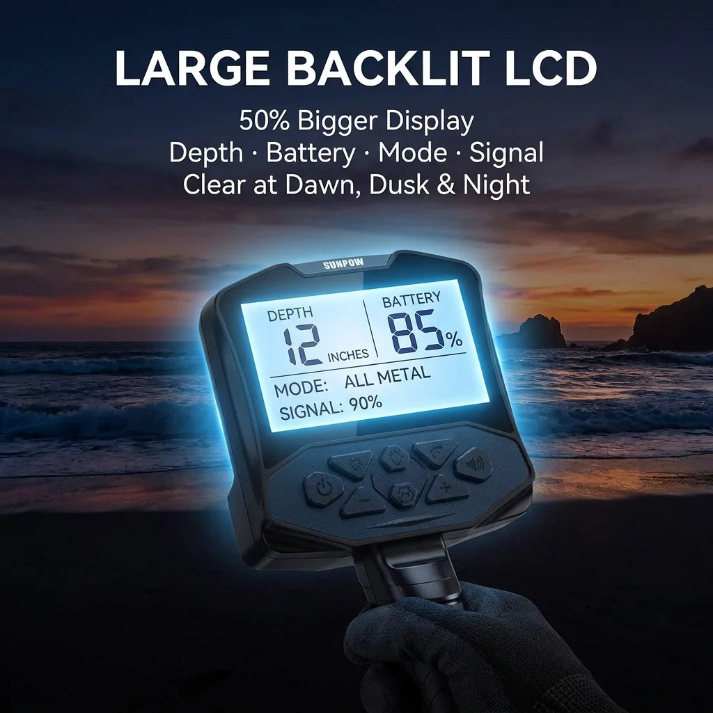 SUNPOW Professional Underground Metal Detector for Adults, Rechargeable, 11" IP68 Waterproof Double D Coil, High Accuracy Gold Detector with Large Backlit LED Display for Outdoor Treasure Hunting, Beach Field Yard Relic Coin