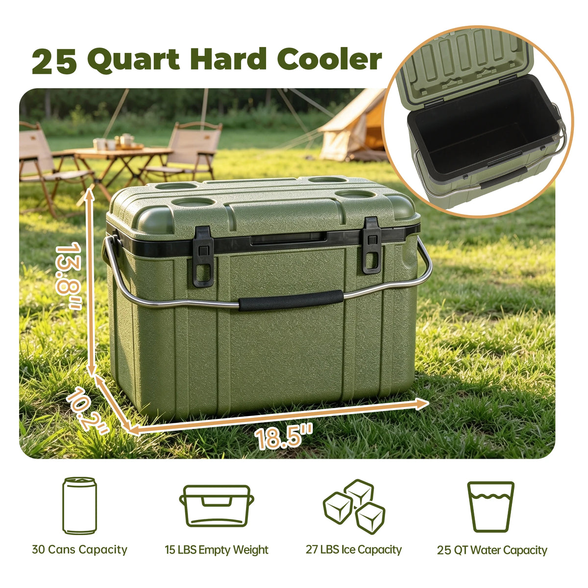 25 Quart Green Cooler, Ultra-Light Insulated Ice Chest – Heavy-Duty Hard Shell Cooler with 5-7Days Ice Retention for Camping, Tailgating, Job Site & Outdoor Adventures