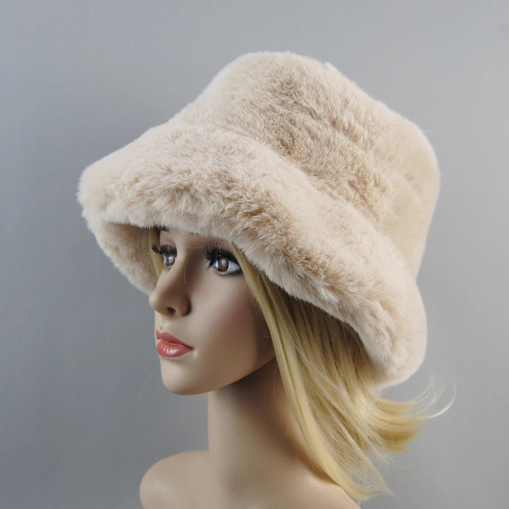 2025 New Style Fake Rabbit Fur Hats Super Soft Women Winter Hat Cotton Lining Warm Russian Fashion Ski Beanies Plush Solid Color