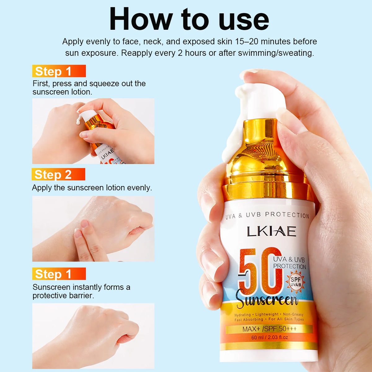 LKIAE Spf 50+ Sunscreen, UVA, UVB Protection, Prevent Sunburn, Skin Darkening, Pigmentation, Anti-Wrinkles, With Aloe Vera