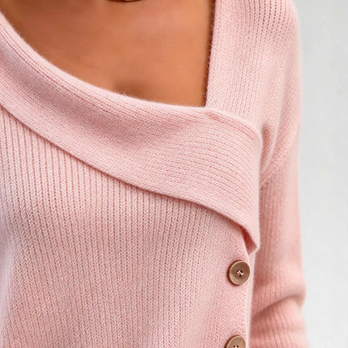 SCACTO Womens Asymmetric Off Shoulder Knit Sweater With Button Detail