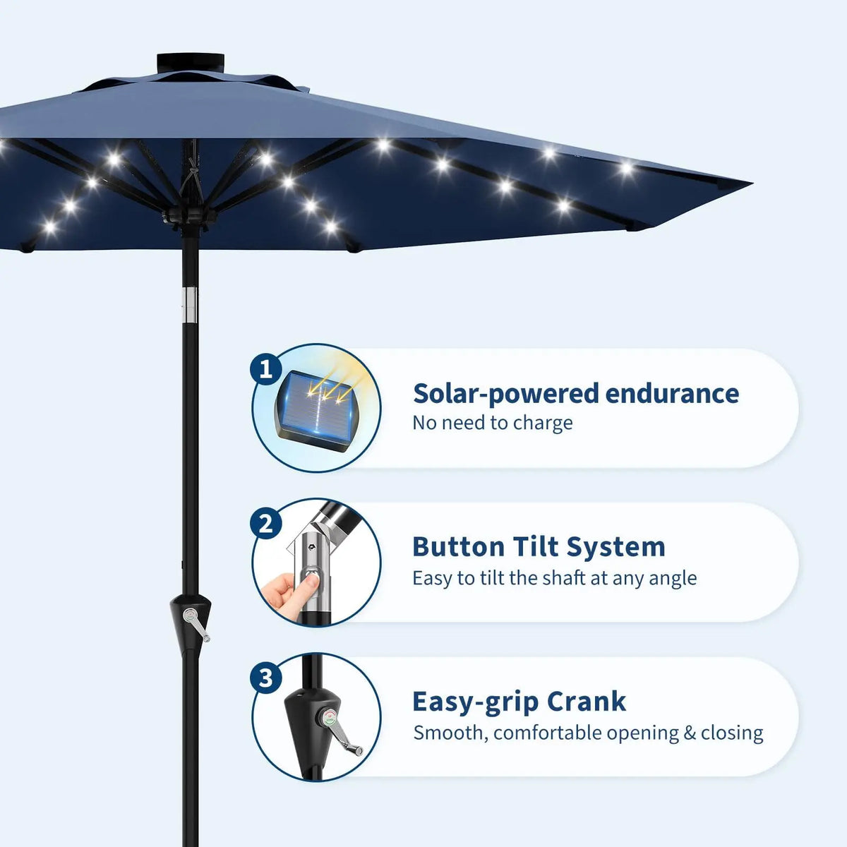 9ft/10ft Solar Patio Umbrella with 32 LED Lights, UPF 50+ UV Protection, Waterproof Fade-Resistant Vented Canopy, Crank Lift & Push-Button Tilt, 8-Rib Market Table Umbrella