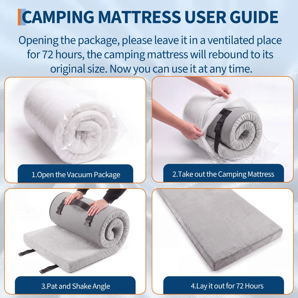 3Inch Thick Memory Foam Camping Mattress Portable Roll-Up Sleeping Pad for Outdoor & Home Use 72x24/75x54inch Gray