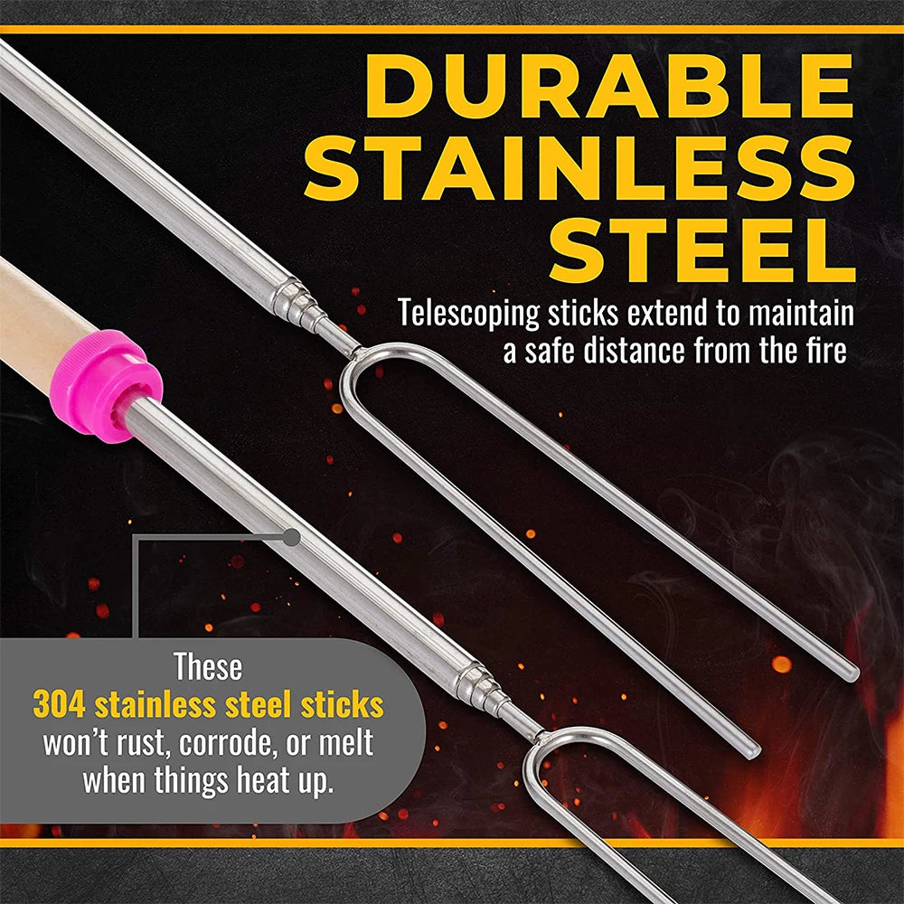 8Pcs Barbecue Skewers Stainless Steel BBQ Fork Extendable Marshmallow Roasting Stick Telescoping Smores Hot Dog Sausages Skewers