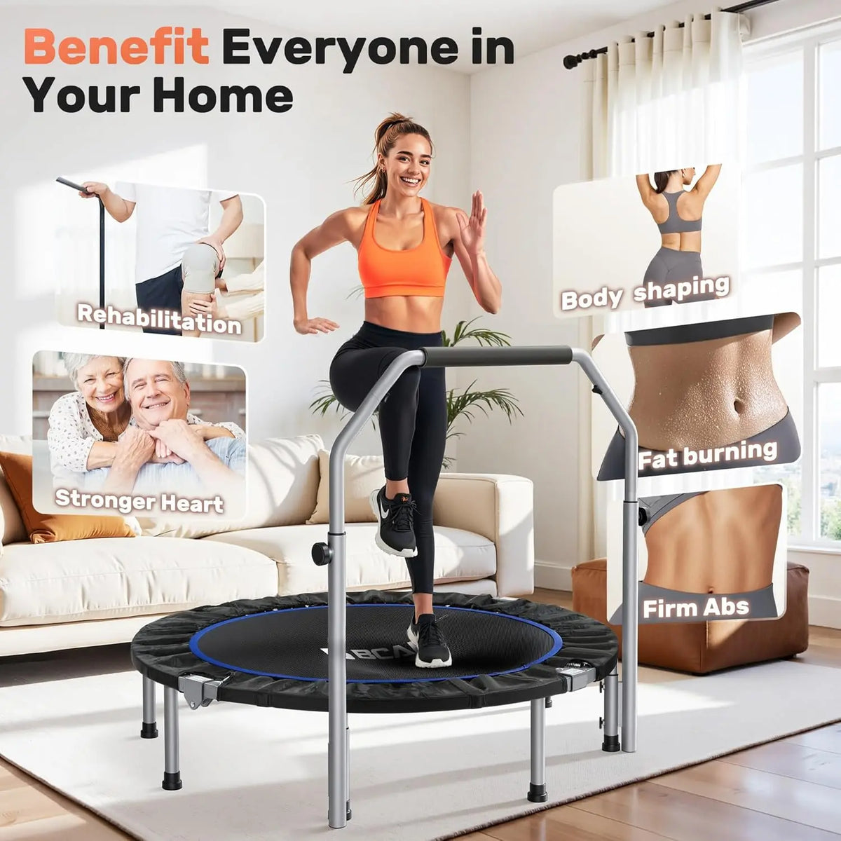 40/48ā Foldable Mini Trampoline with Adjustable Foam Handle Fitness Rebounder for Adults Max Load 440 Lbs Exercise Trampoline