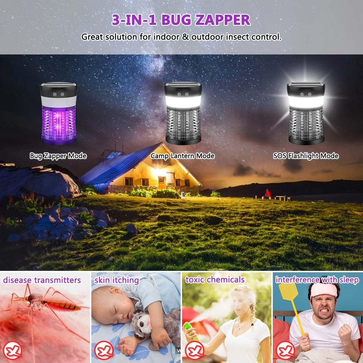 3000V Solar Mosquito Killer with 360° UV & 10H Runtime – USB-C Charging, 3 Lighting Modes, Safe for Kids/Pets, Ideal for Patio, Camping, Garden