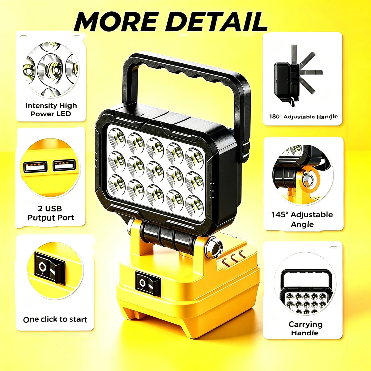 Cordless LED Work Light For Dewalt 18V Li-ion Battery, 8in Portable Flood Light Flashlight With USB Port, Jobsite Tool Lamp, Battery Not Included