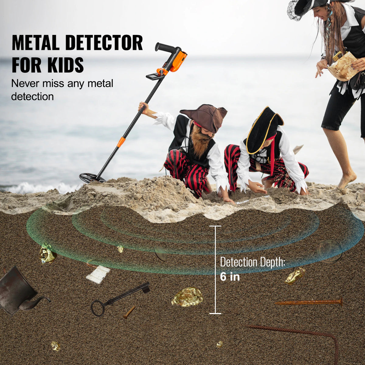 VEVOR Metal Detector for Kids 6Inch 25''-37''Adjustable Length IP68 Waterproof Search Coil with LCD for Detecting Gold
