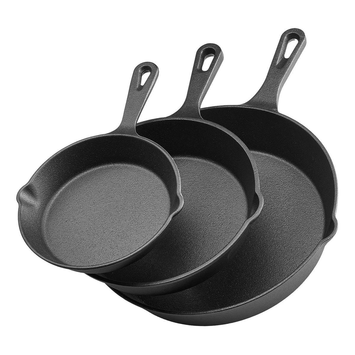SucceBuy Cast Iron Skillet 3-Piece Frying Pan Set Heavy-Duty Skillets with Heat-Resistant Handle for Oven Gas Electrical Black