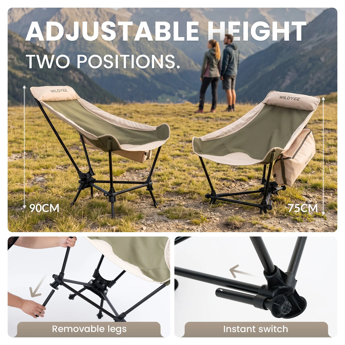 Patented Portable Folding Camping Rocking Chair, 2-Height Adjustable High Back Outdoor Rocker with Padded Headrest & Removable Storage Bag for Camping, Fishing, Beach