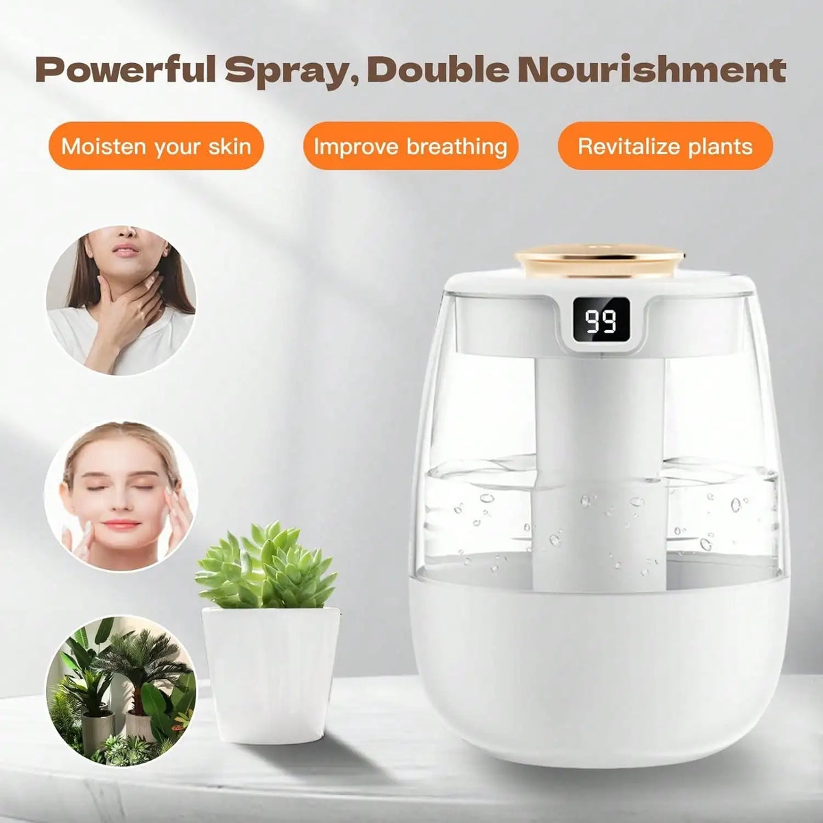 Double Spray Humidifier,1L Silent USB Digital Display Humidifier With 2 Mist Modes & Night Light For Car Office Home Room