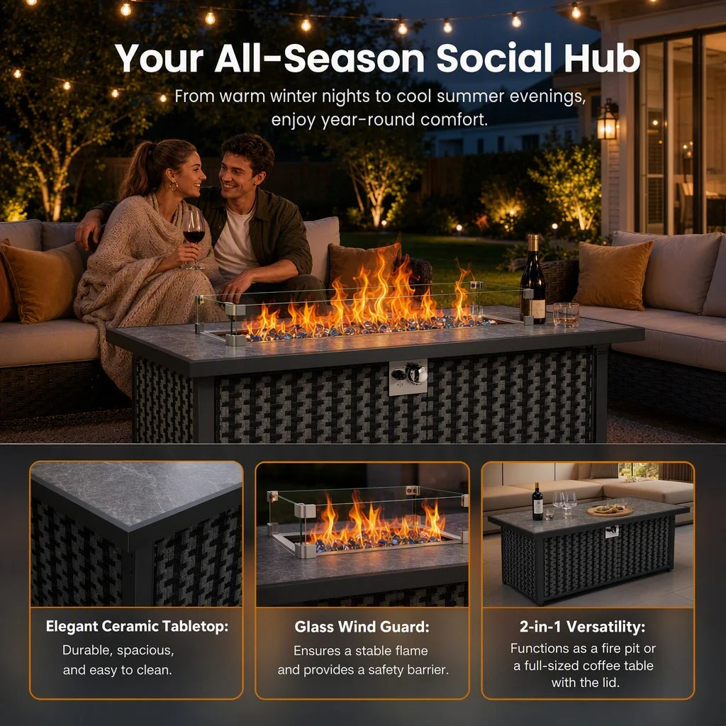 43" Outdoor Propane Fire Pit Table, 50,000 BTU Gas Fire Pit with Premium Ceramic Tabletop, Glass Wind Guard, Lid & Glass Rocks, CSA‑Certified Fire Table for Patio Backyard Party