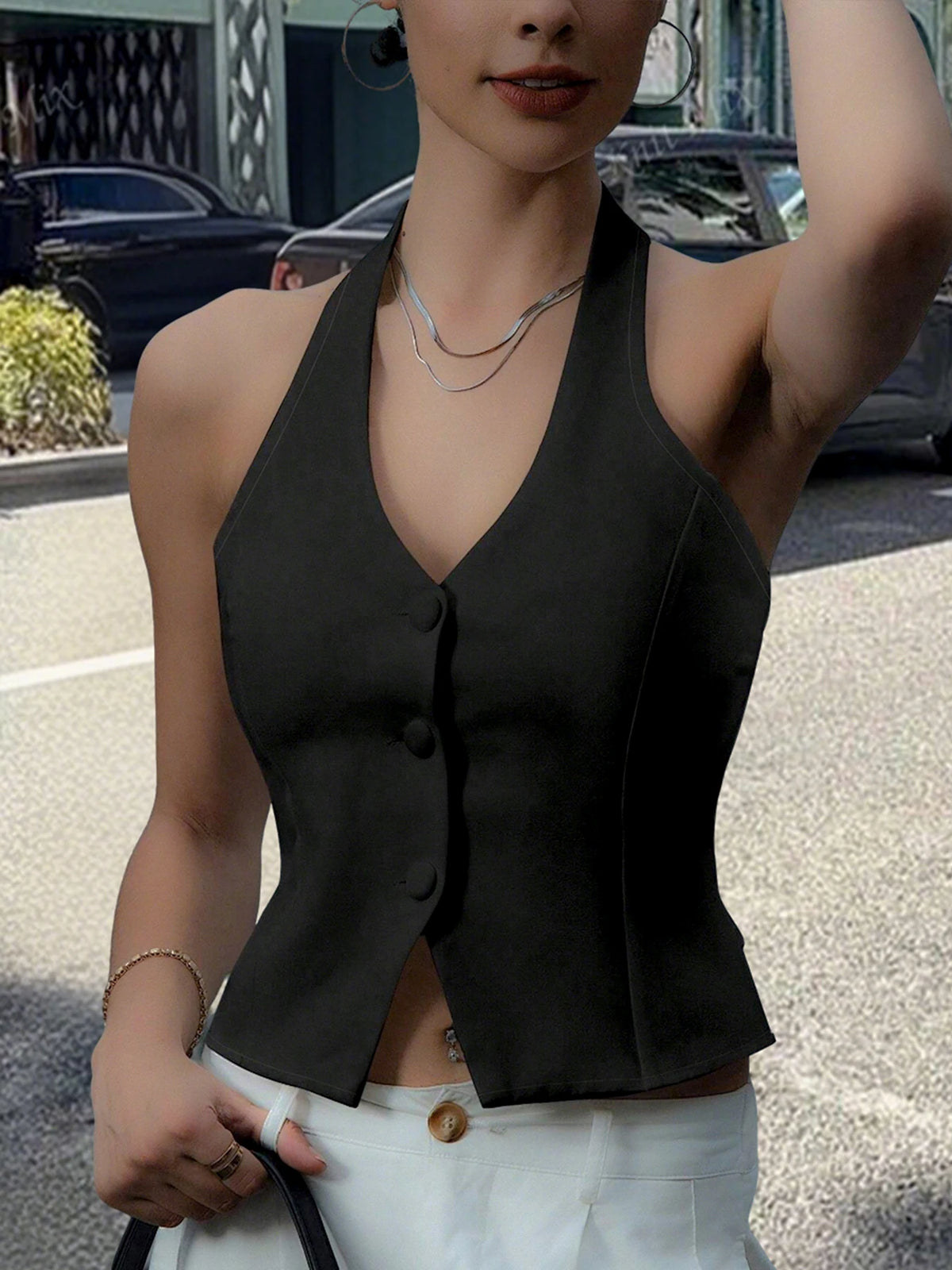 Womens Halter Neck Button Vest Top With Tie Back Detail