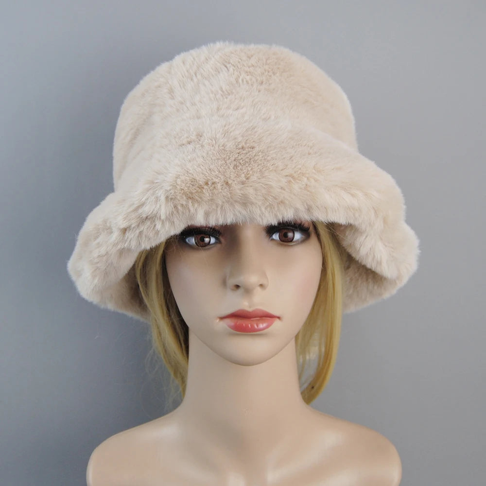 2025 New Style Fake Rabbit Fur Hats Super Soft Women Winter Hat Cotton Lining Warm Russian Fashion Ski Beanies Plush Solid Color